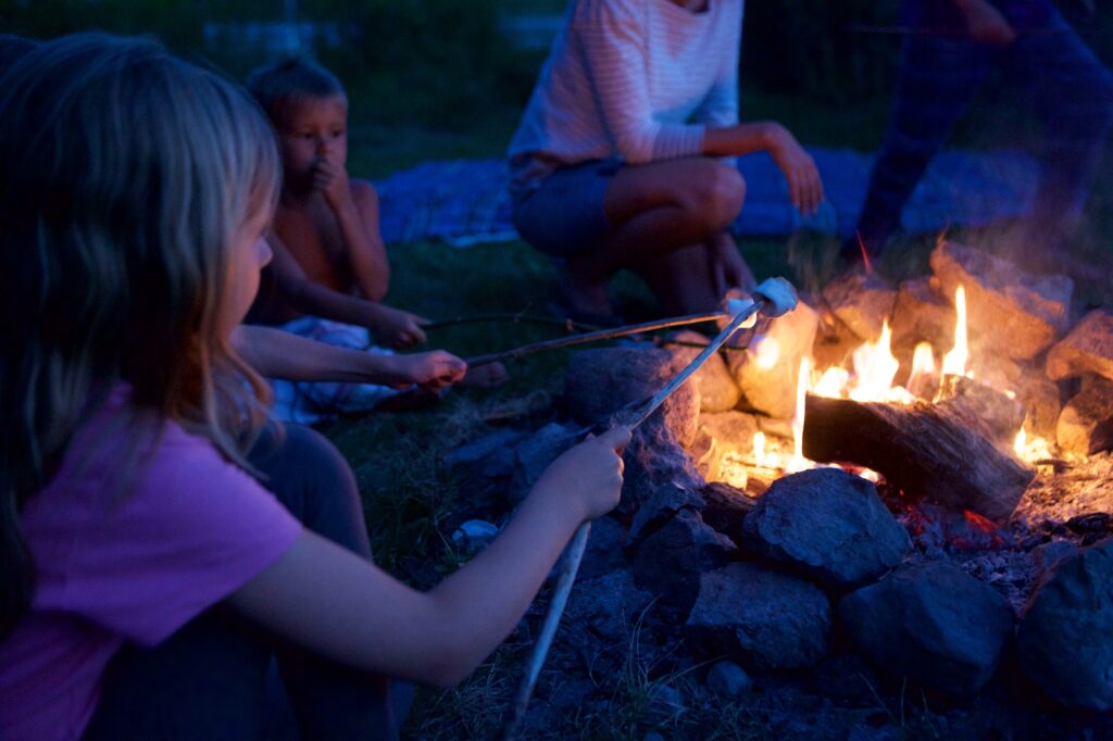 Group of young children roasting marshmallows around a campfire.